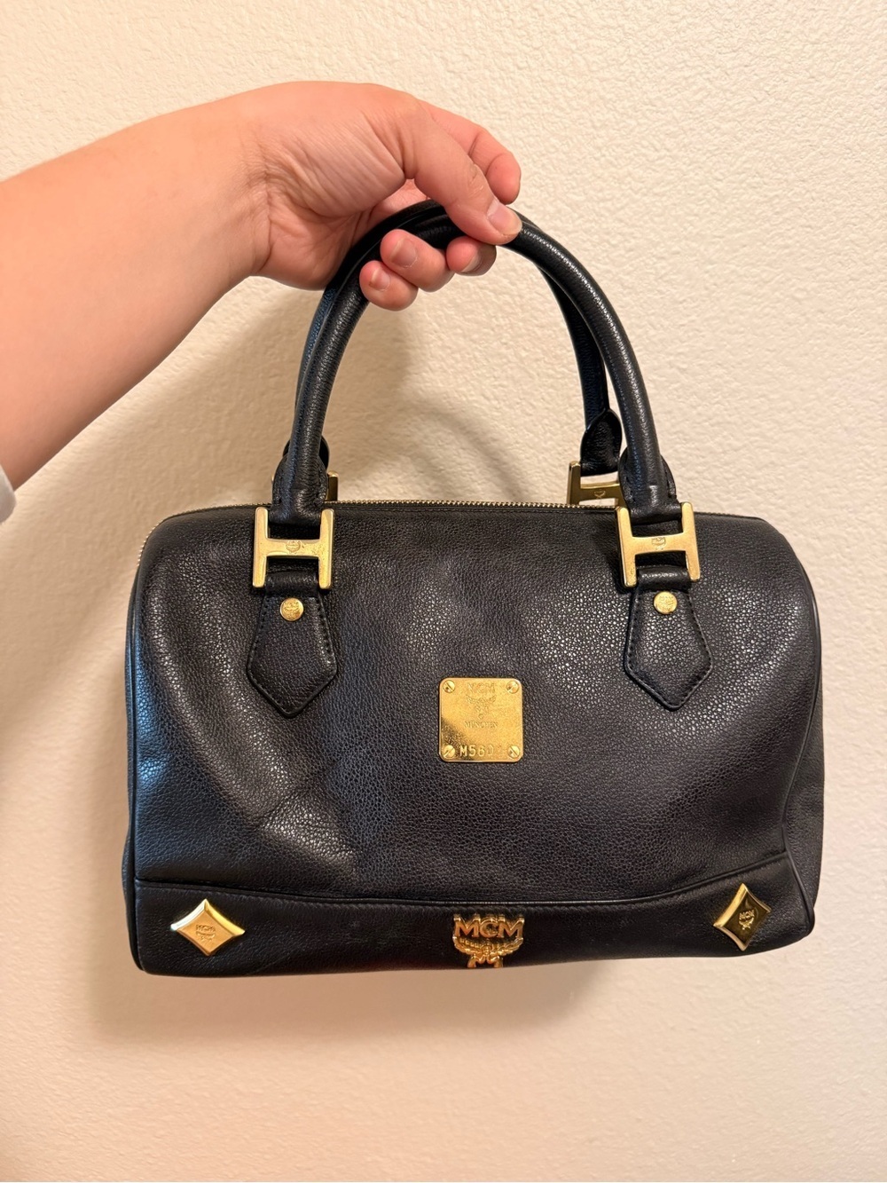MCM Black Leather Boston Bag with Gold Hardware